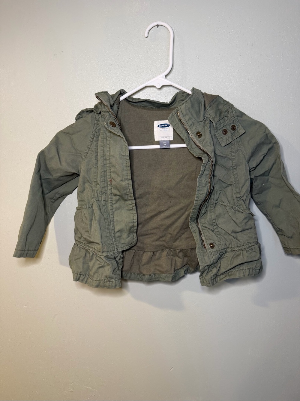 Old Navy Girls Olive Green Hooded Utility Jacket with Ruffle Hem